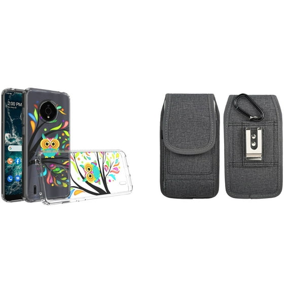 Case and Pouch Bundle for Nokia C200: Slim Series TPU Protector Case (Cute Owl) and Vertical Nylon Fabric Belt Holster (Grey)