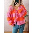 thumbnail image 5 of Women'S Loose Casual V-Neck Long-Sleeved Sweater Jacket Striped Contrast Lace-Up Knitted Cardigan Orange M, 5 of 9