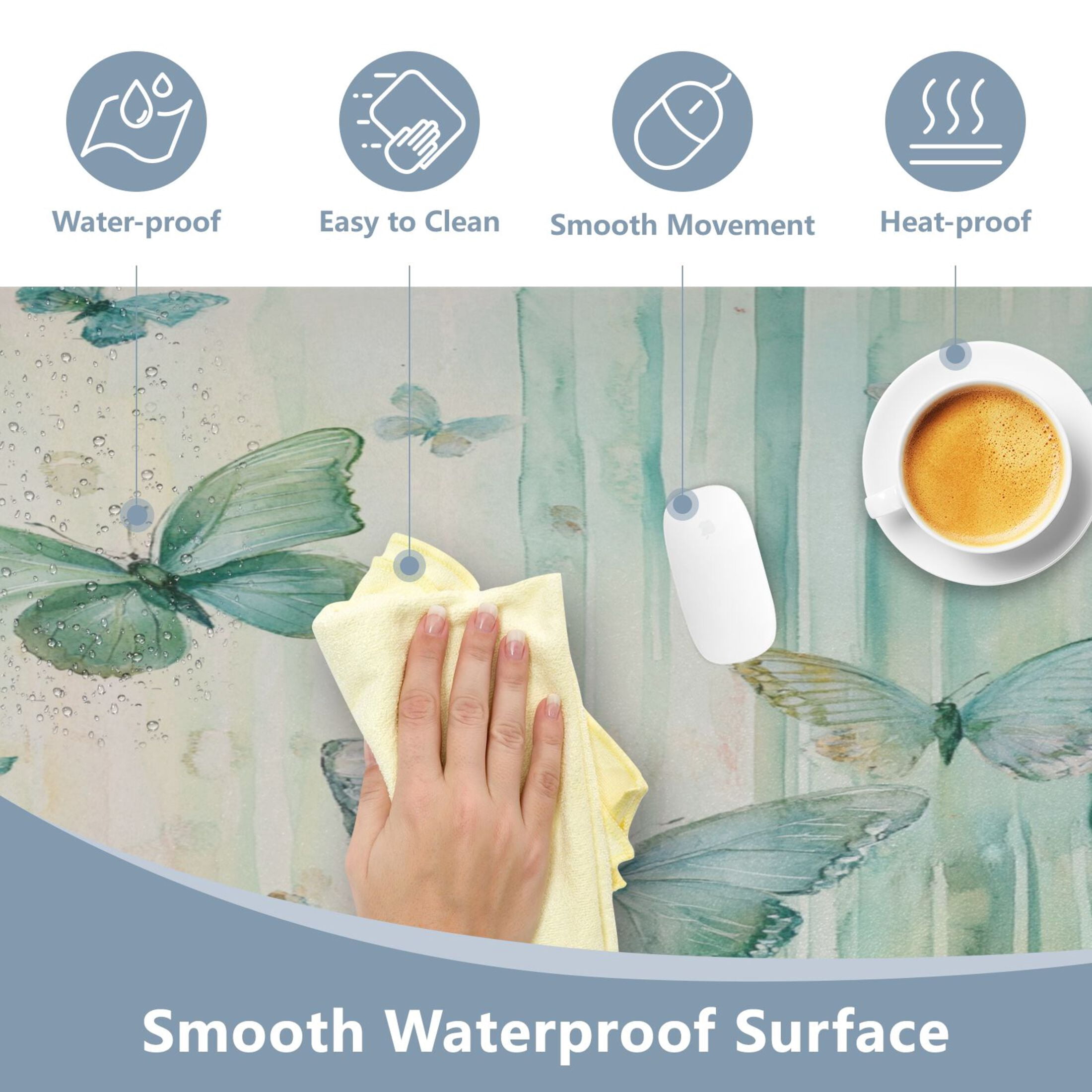 Wobogo Light Green Butterfly Gaming Mouse Pad Non-slip Leather Desk Mat Water Resist Keyboard Pad for Gamer Office 23.6×47.2in