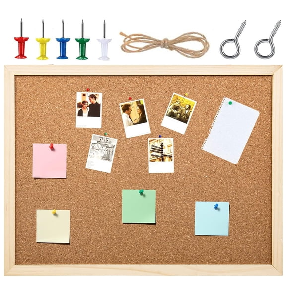 Double-Sided Cork Board for Wall,1 Pack 15.7"X 12" Hanging Wood Framed Bulletin Board,Picture Display Vision Board Corkboards for Wall Room School Office Decor(Pins, Eye Bolts, Rope)