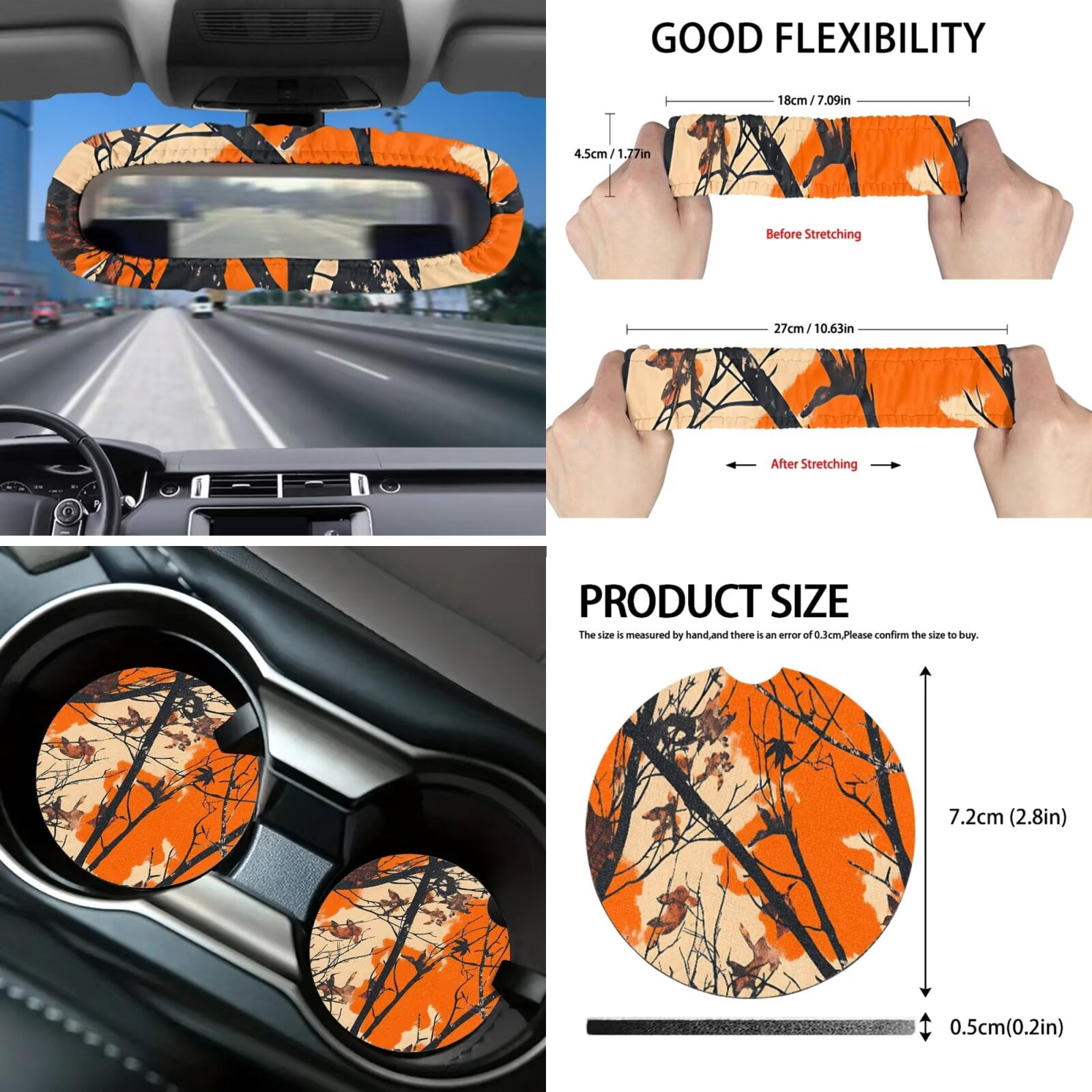 Garronmavis Orange Hunting Camo Forest Car Seat Cover Full Set 16 Pieces Belt Pads Cover Keychain Gear Shifting Knob Cup Mats Windshield Sun Shade