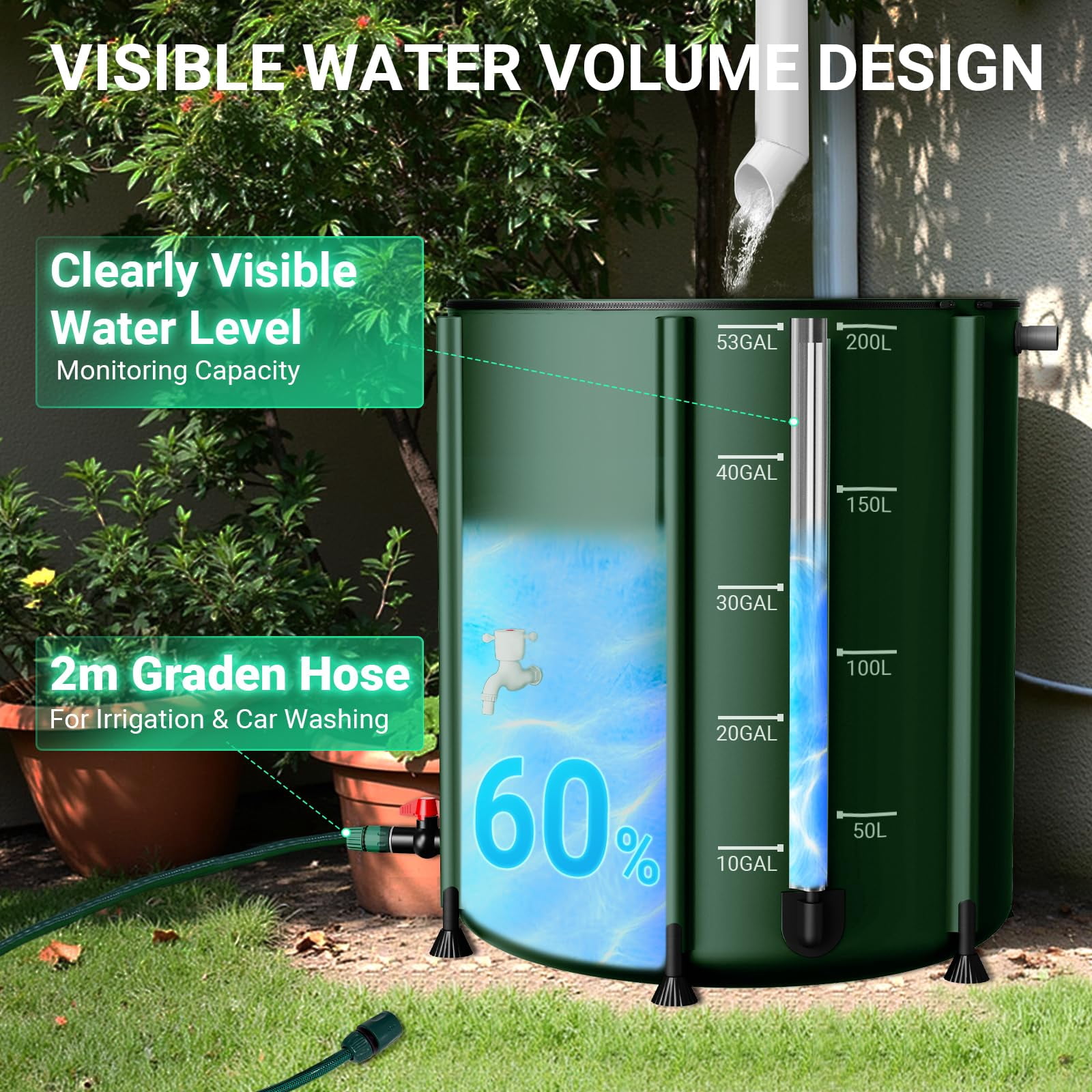 53 Gallon Collapsible Rain Barrel 1000D Rainwater Collection Storage Tank with Garden Hose