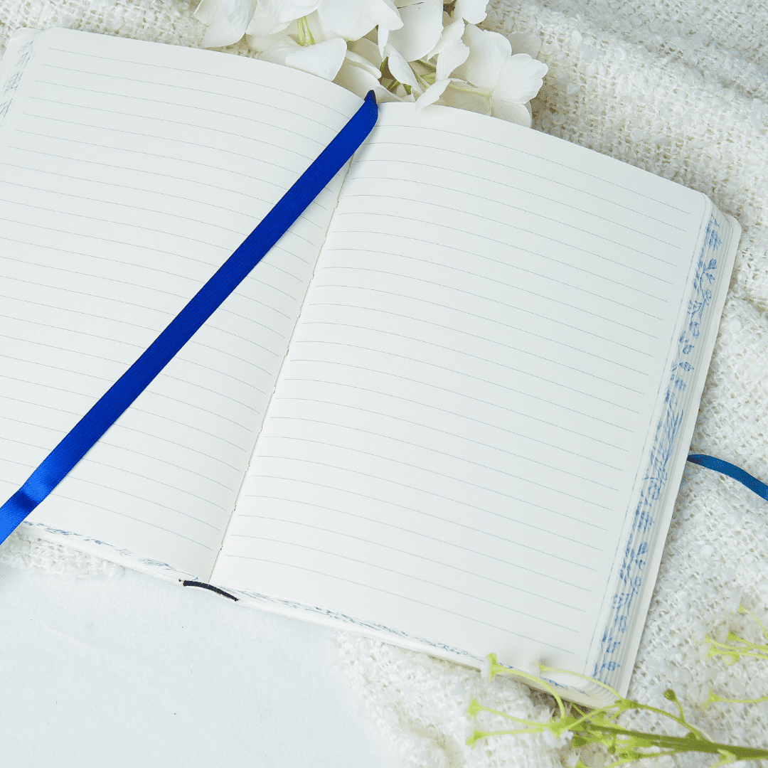 Faux Leather Hardcover Journal, Blue Floral, 380 Lined Pages, Lay-Flat, 8.5" × 6"