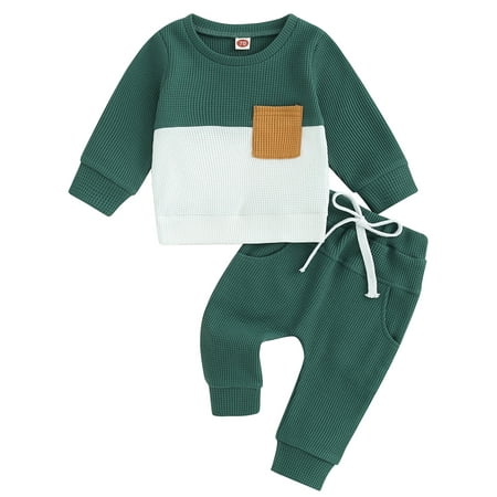

Mevireiy Baby Boys Waffle Knit Suit Long Sleeve Sweatshirt Tops Elastic Waist Pants Green 18-24 Months