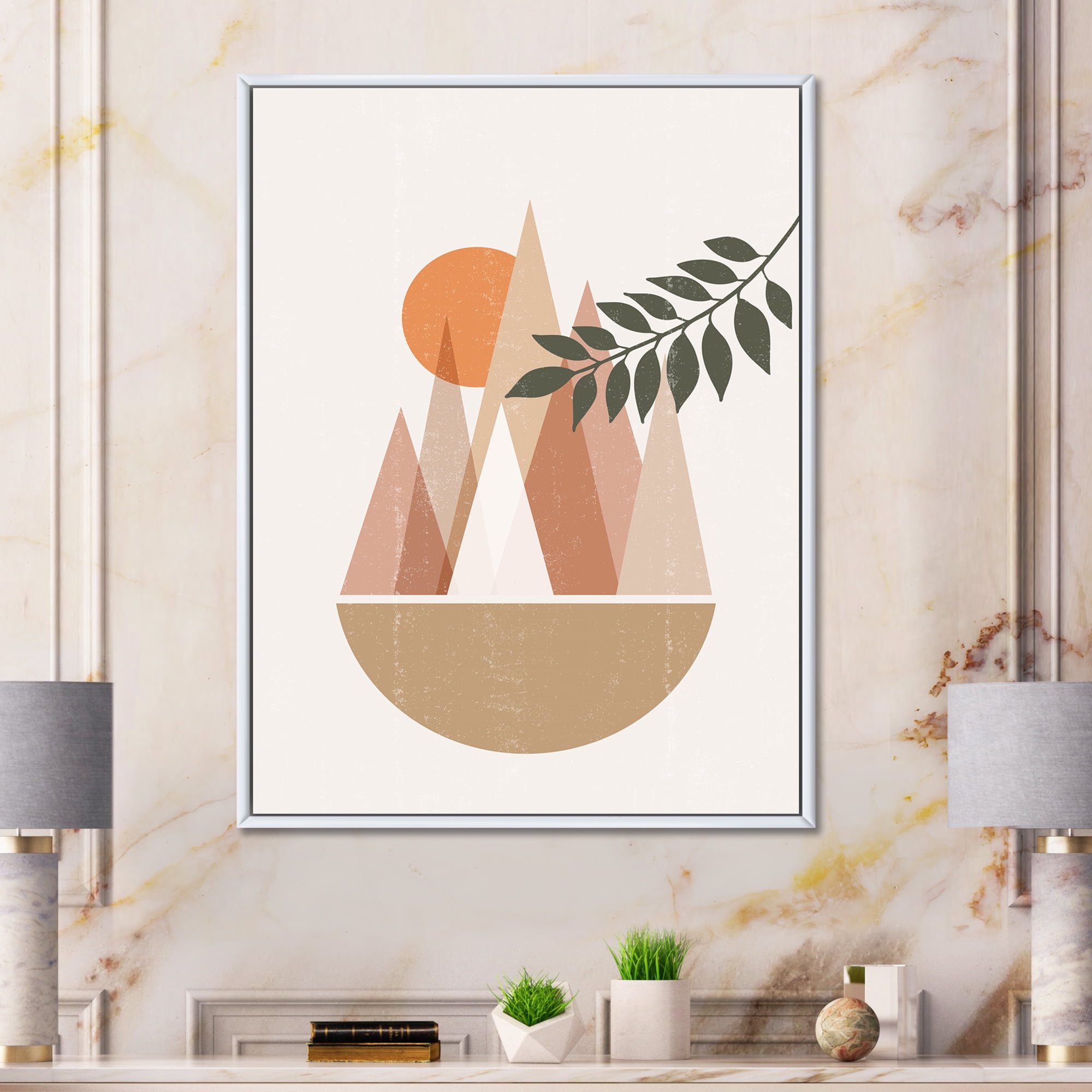 Designart 'Abstract Moon and Sun In Mountains II' Modern Framed Canvas Wall Art Print