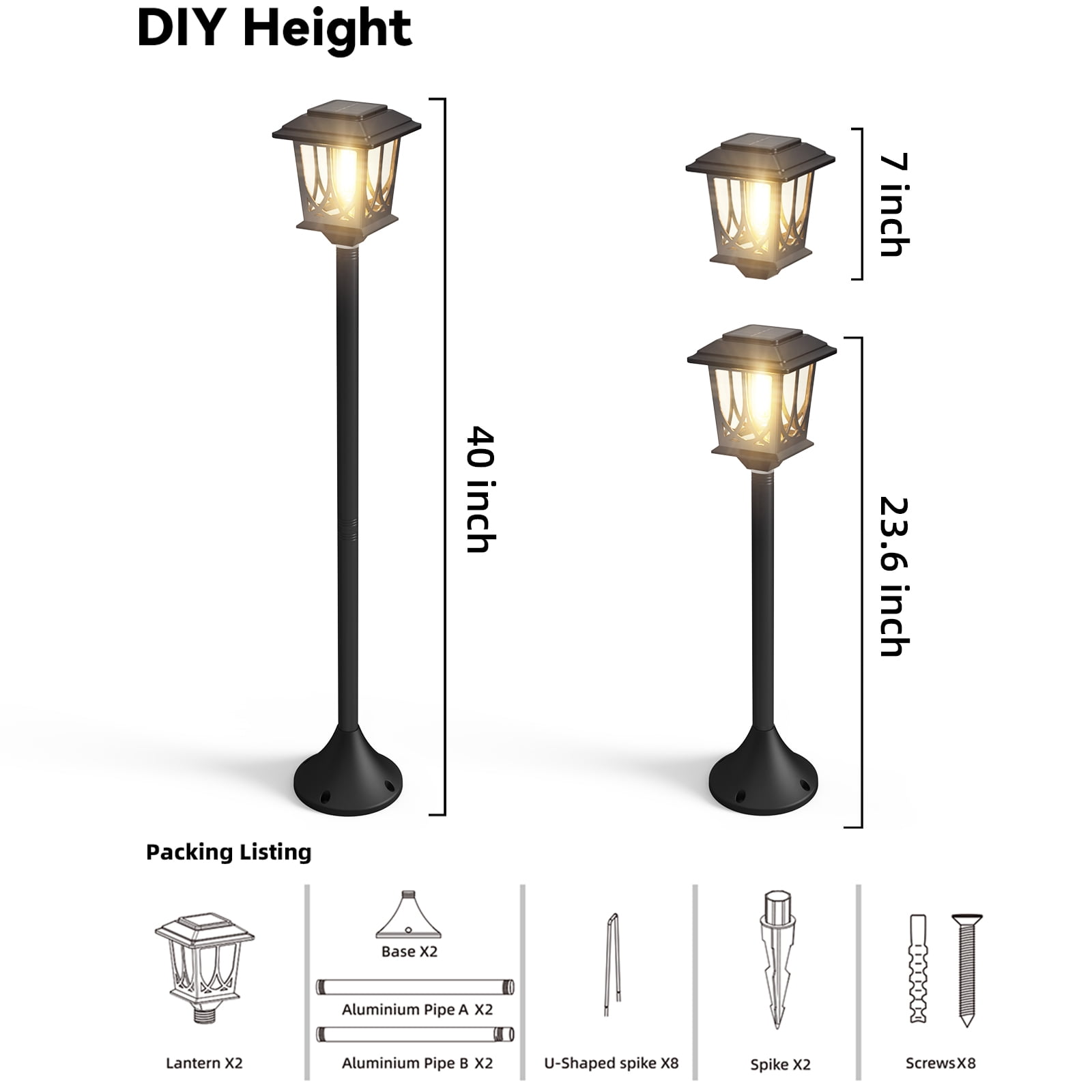 40" Solar Lamp Post Lights, Metal Glass Waterproof Outdoor Garden Lights, Auto Dusk-to-Dawn Warm White, 2 Pack