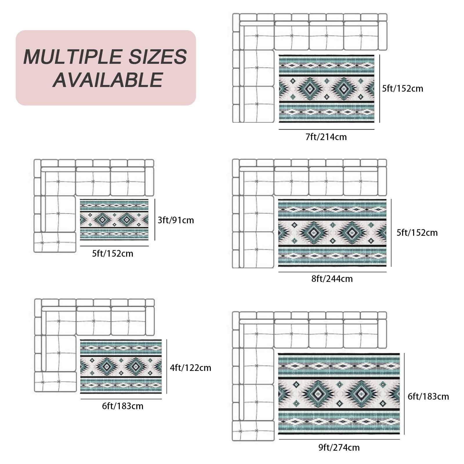 Turquoise Boho Outdoor Rug for Patio/Deck/Porch, Non-Slip Large Area Rug 5 x 8 Ft, Southwestern Ethnic Aztec Retro Geometric Indoor Outdoor Rugs Washable Area Rugs, Camping Rug Carpet Runner