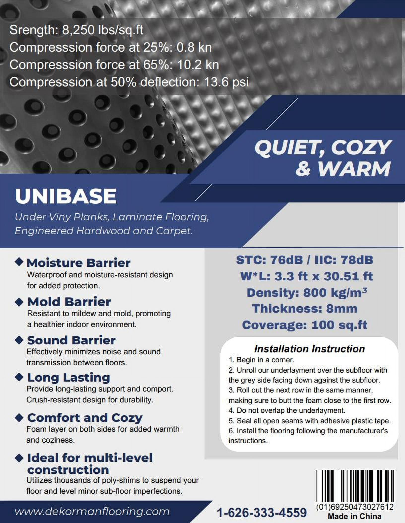 Dekorman 8mm T Underlayment for Vinyl Laminate and Engineered Hardwood, 100 sq.ft/roll