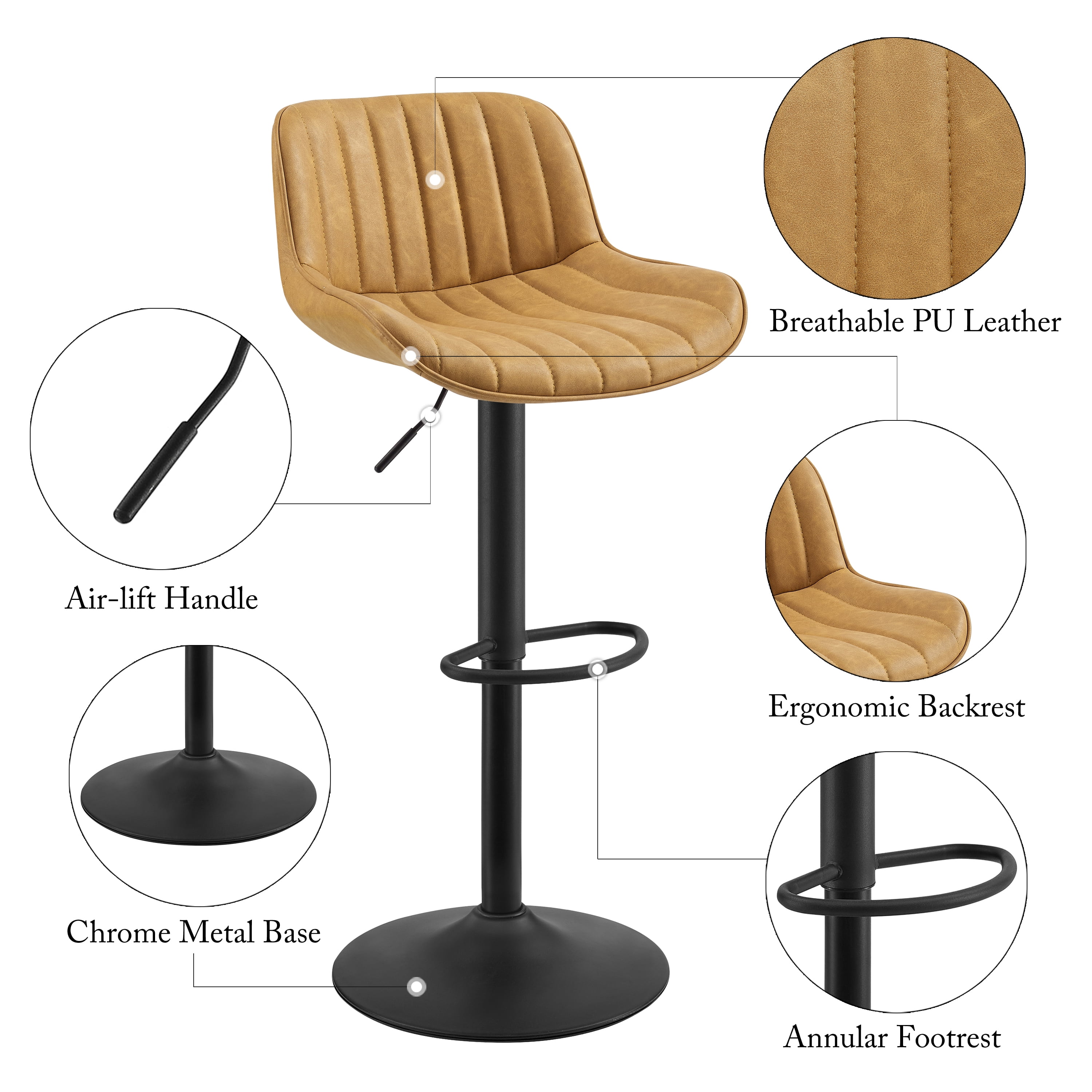 Art Leon Rustic Bar Stools Set of 2, Faux Leather with Backrest Chrome Legs, Upholstered Swivel Kitchen Stools, Yellow