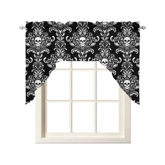 Horrible Skull Swag Valances for Windows, Small Curtains Drapes, Halloween Black Flowers Skeleton Kitchen Window Curtains Over Sink Rod Pocket Window Treatment Valance for Bedroom/Bathroom 56"x36"