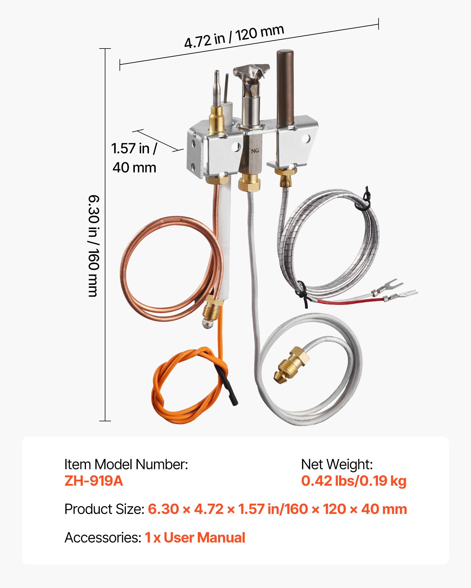 VEVOR Gas Pilot Assembly, OE 4021-732, 25660 Fireplace Gas Pilot Assembly, Natural Gas Ignition Replacement with Pilot Tube, Thermocouple, Thermopile, Wires, Compatible with Heatilator Models