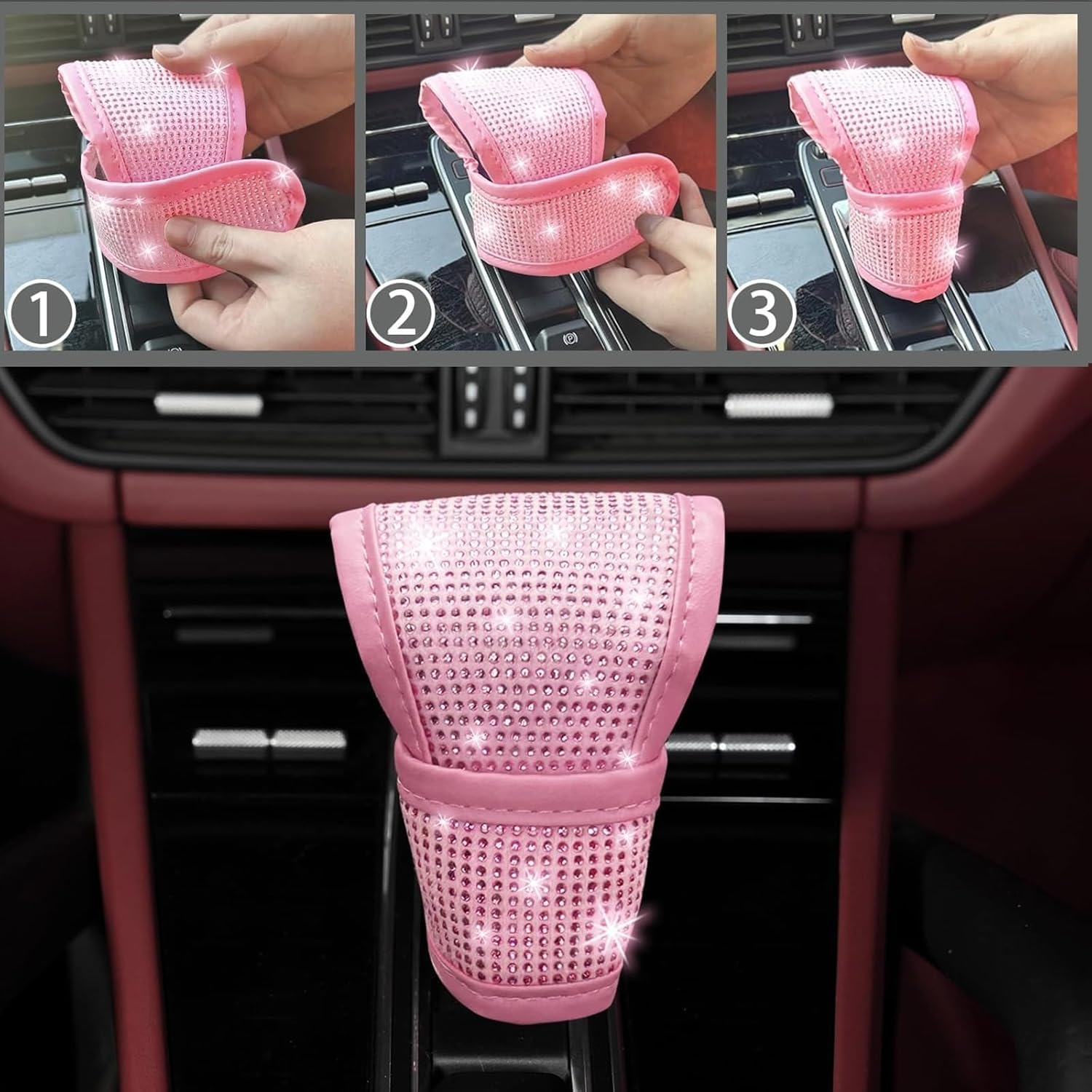 27 Pcs Pink Bling Car Accessories Set for Women, Steering Wheel Cover with Rhinestone Console Cover Seat Belt Cushion Shift Knob Cup Coaster Car Hanging (Pink)