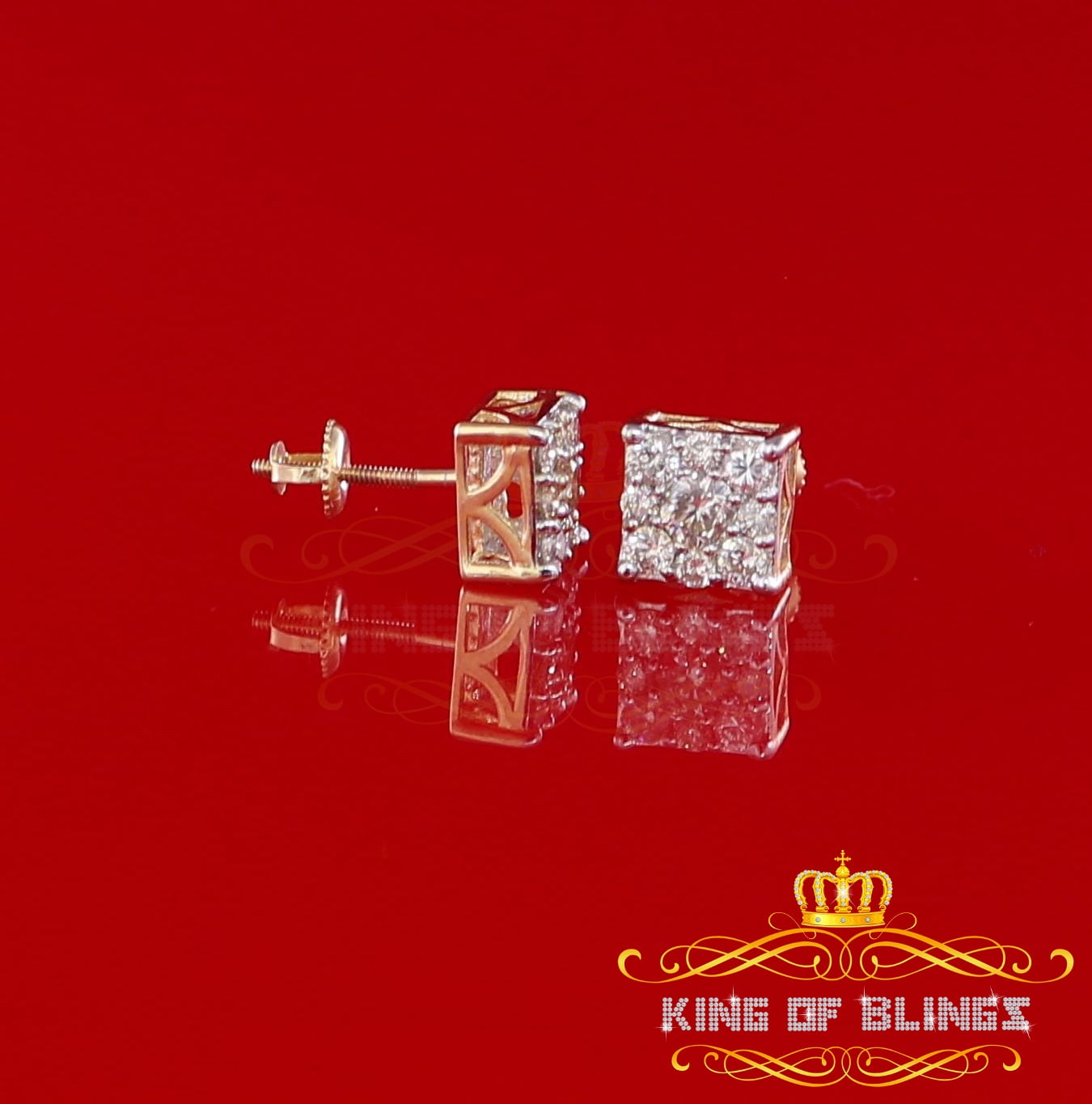 King of Bling's 10K Real Yellow Gold with 1.00CT Real Diamond Men's/Women's Stud Square Earrings