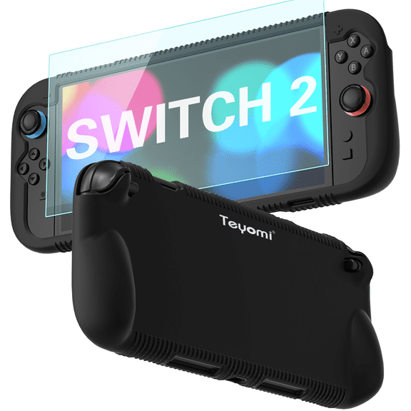 Protective Silicone Case Compatible with Nintendo Switch 2, Shockproof Cover for Nintendo Switch 2 with Tempered Glass Screen Protector,Ergonomic Grip Case for Switch 2,2 Game Card Slots (Black)
