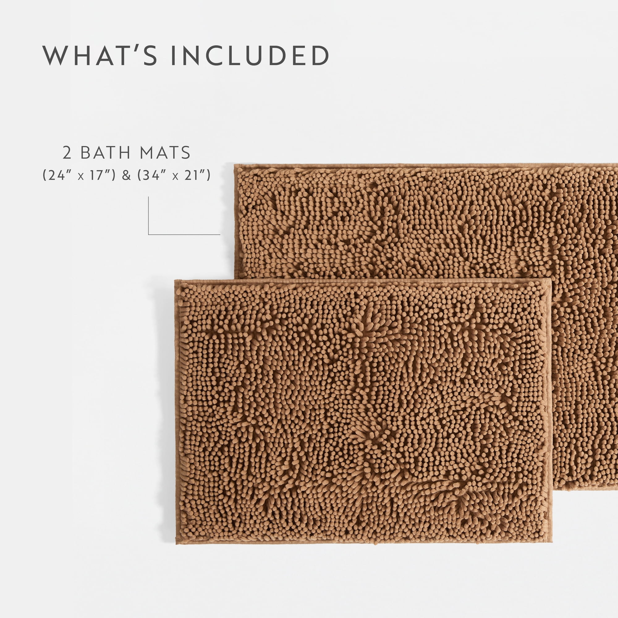 Soft Absorbent Chenille Bath Mat Rug with Anti-Skid Rubber Backing, 2 Pack, Mocha, by Noble Linens