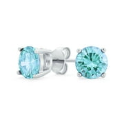 1Ct Aqua Blue Round Cubic Zirconia Brilliant Cut Solitaire AAA CZ Stud Earrings Sterling Silver Simulated Aquamarine 7MM