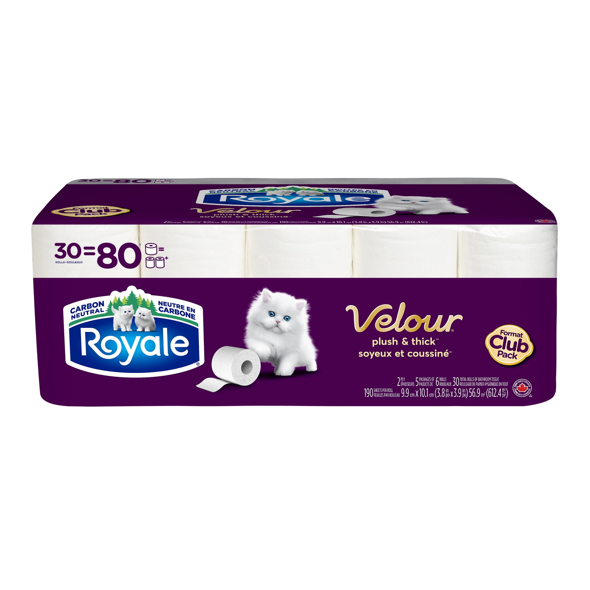 Royale Velour, 2 Ply Toilet Paper, 30 Equal 80 Bathroom Tissue Rolls, 190 Toilet Paper Sheets per Roll