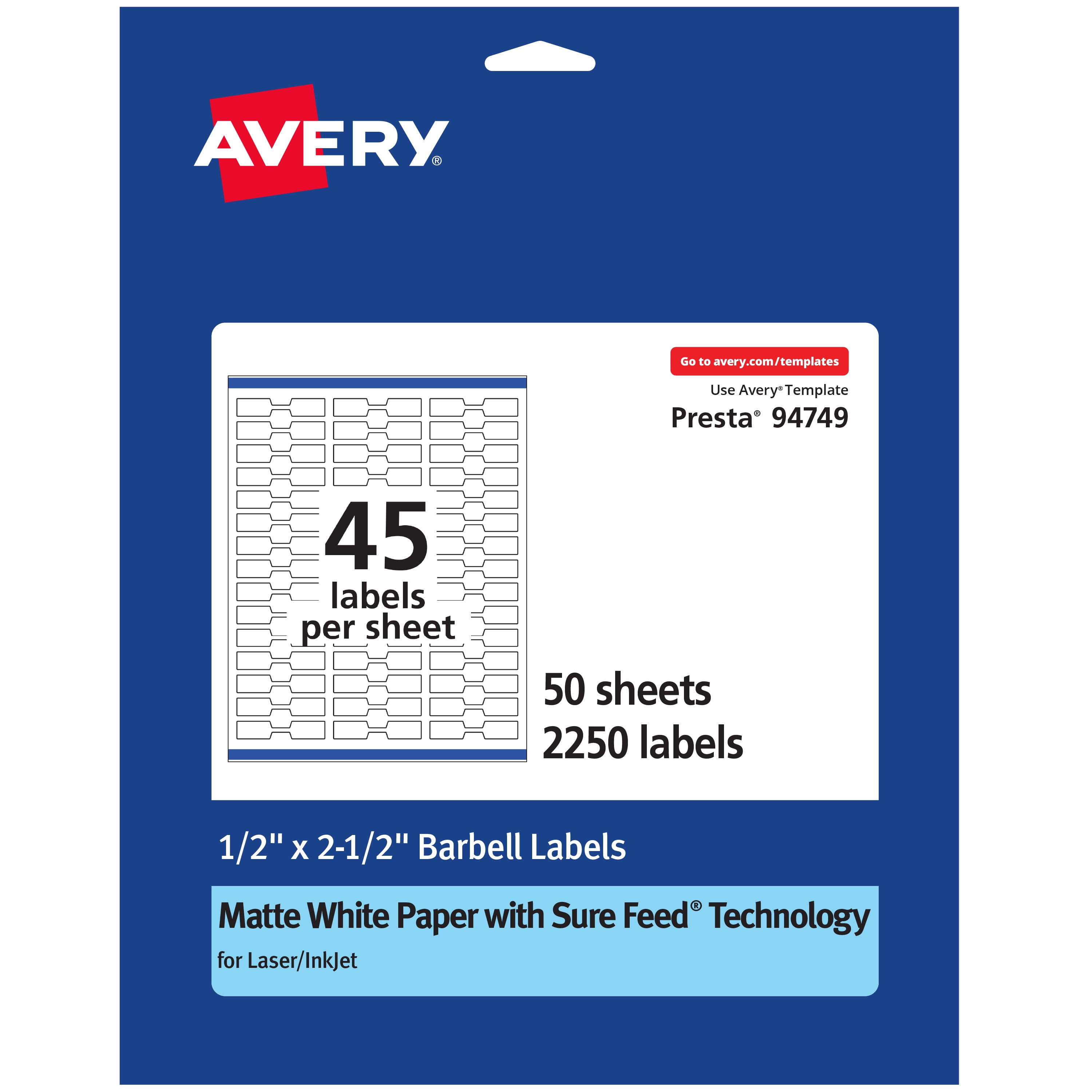 Avery Matte White Barbell Labels with Sure Feed, 1/2" x 2-1/2", 2,250 ...
