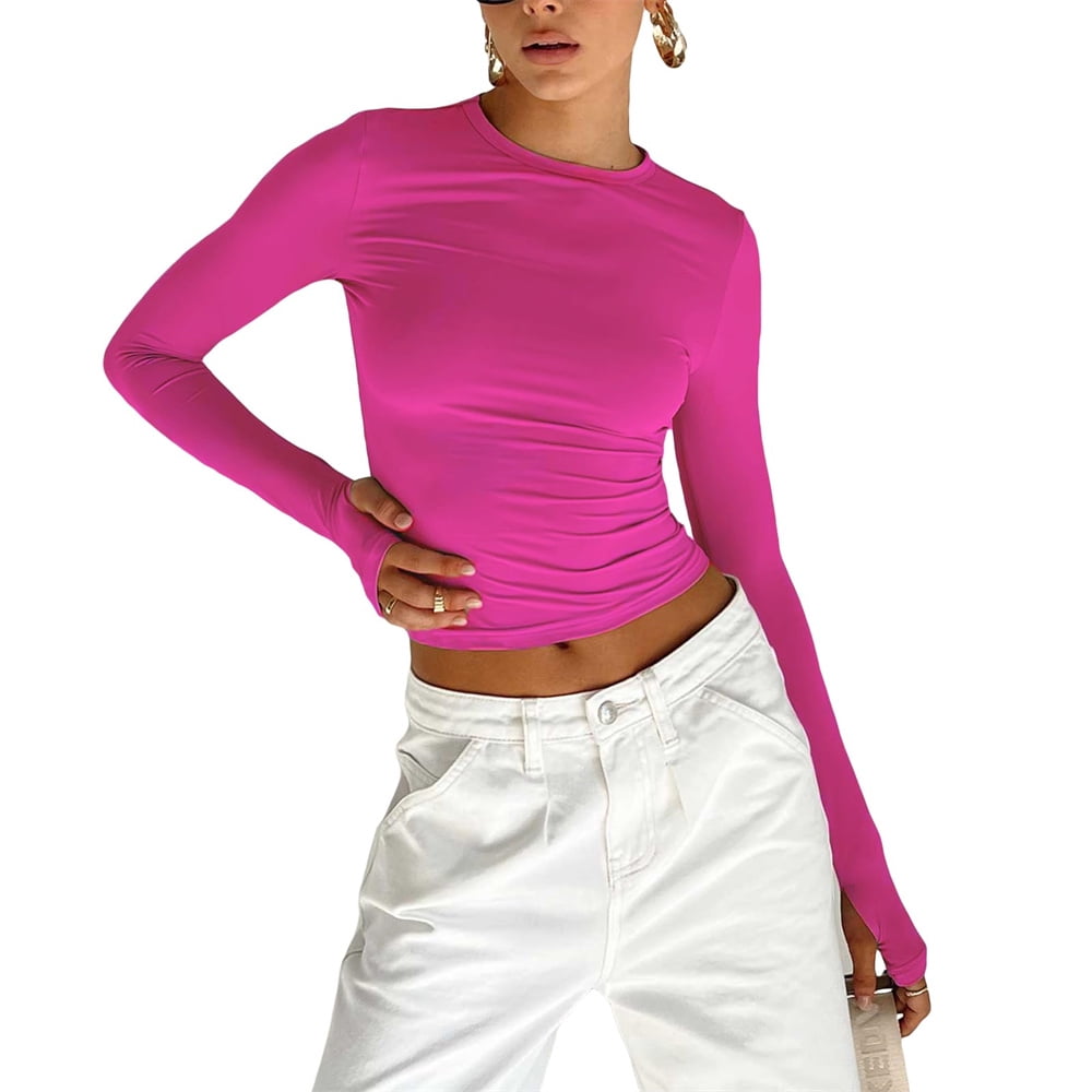 neon pink long sleeve crop top