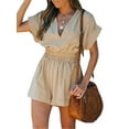thumbnail image 4 of DYMADE Women Short Sleeve Solid Color V-neck Slim Waist One-piece Jumpsuit, 4 of 4
