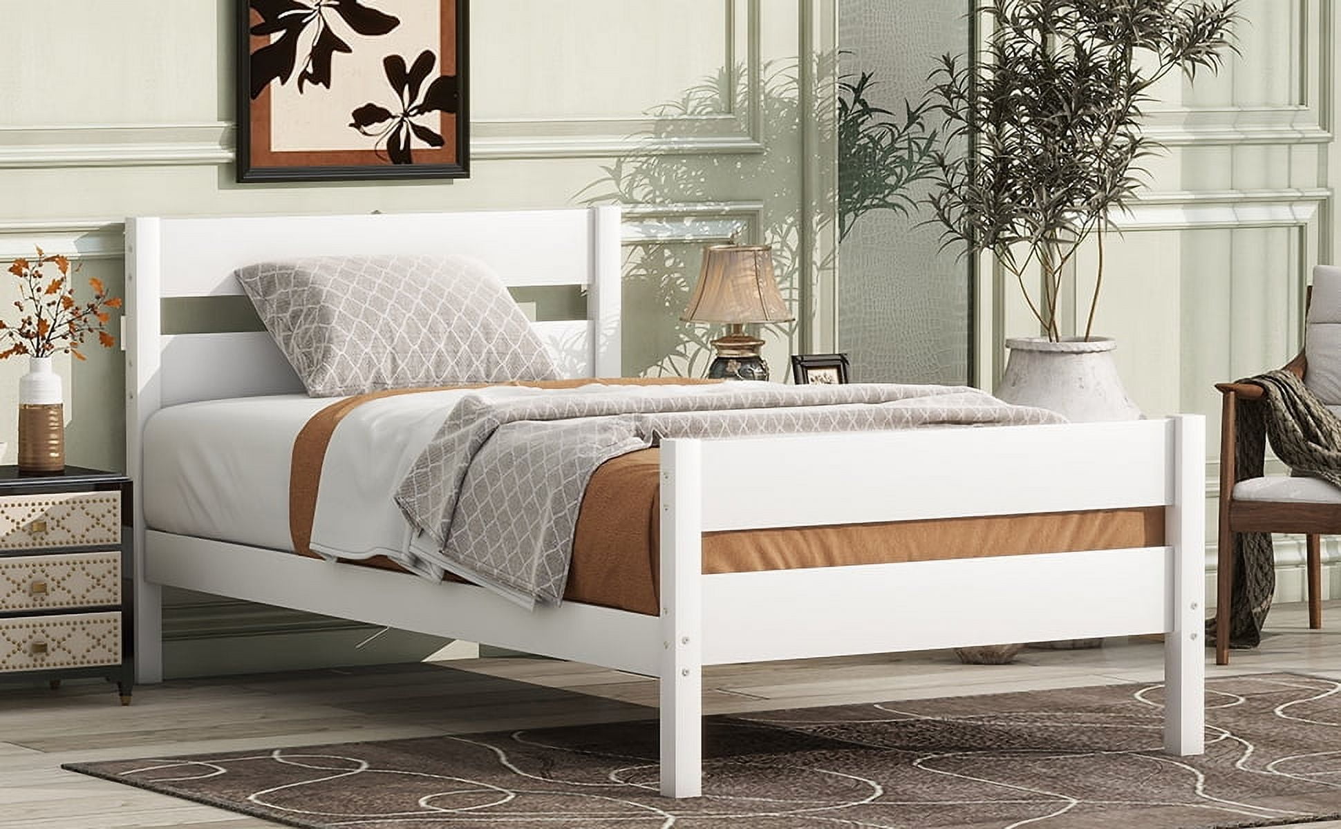 Twin Size Rubber Wood Platform Bed Frame with Headboard & Footboard, 10 Plywood Slats Support, No Box Spring Needed, Under Bed Storage, 250LBS Capacity for Small Bedroom