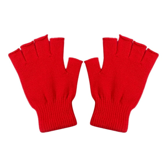 Unisex Half Finger Gloves Winter Warm Stretchy Knit Gloves for Women Men, Half Finger Gloves Knitted Mittens Thickened Open Finger Outdoor Hiking Cycling Gloves, 1Pair, Multicolor(Red,6.5x3.9")