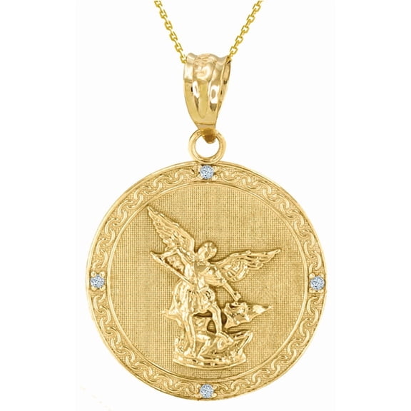 Gold Patron Saint Michael Archangel Diamond Medallion Pendant Necklace (10K Yellow Gold Pendant with 20" chain)