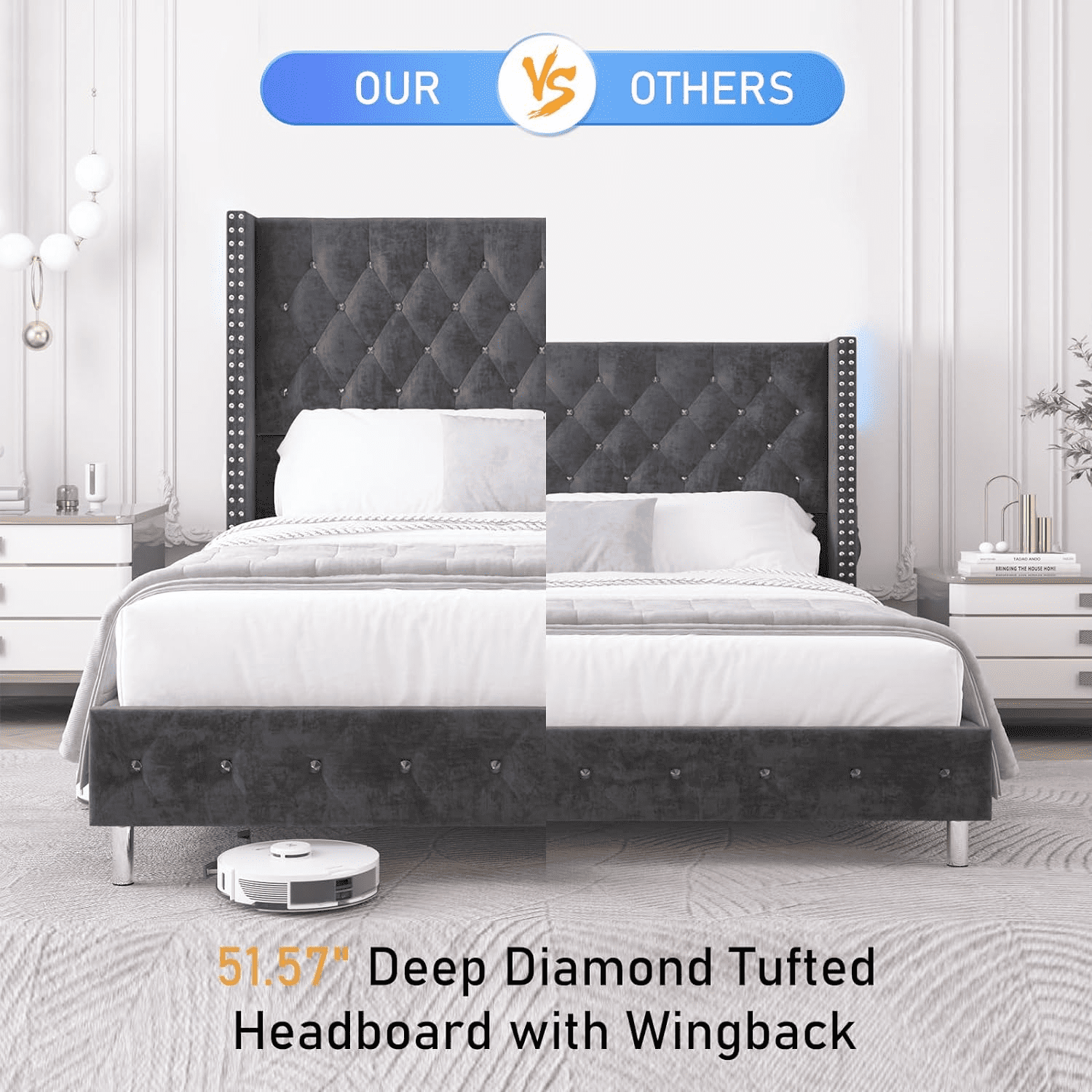 Blotout Queen LED Upholstered Bed Frame with Wingback Headboard, Velvet Diamond Button Tufted Bed Frame USB & Type-C Ports and Side Pockets, Wood Slats Support, No Box Spring Needed