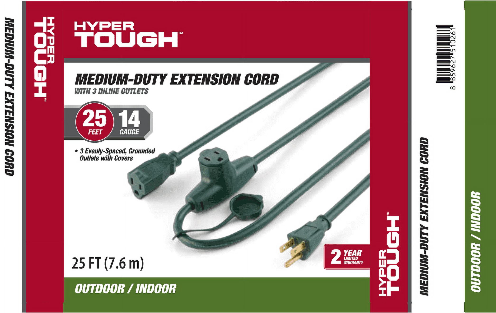 Hyper Tough 25FT 14AWG 3 Prong Green Landscaping Cord, For Indoor and Outdoor Use, 125V, 15A