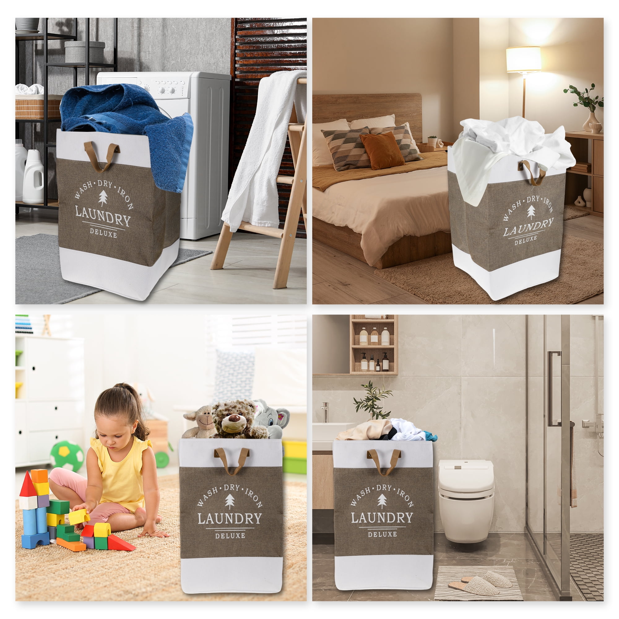 Unique Bargains Laundry Basket, Foldable Laundry Hamper with PU Handles Gray Brown