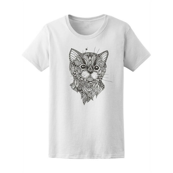 Floral Zen Doodle Cat T-Shirt Women -Image by Shutterstock, Female Small