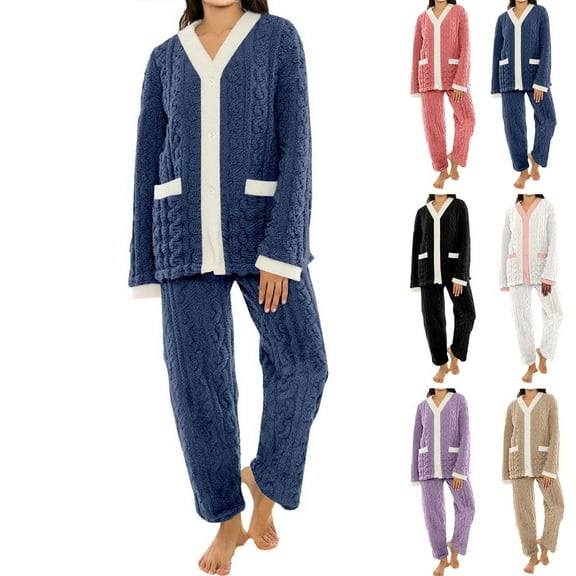 Maplenight Pajamas for Women Set 2 Piece Fuzzy Fleece Cozy Thermal Winter Loungewear Button Down Tops Pajama Pants Lounging Warm Sleepwear