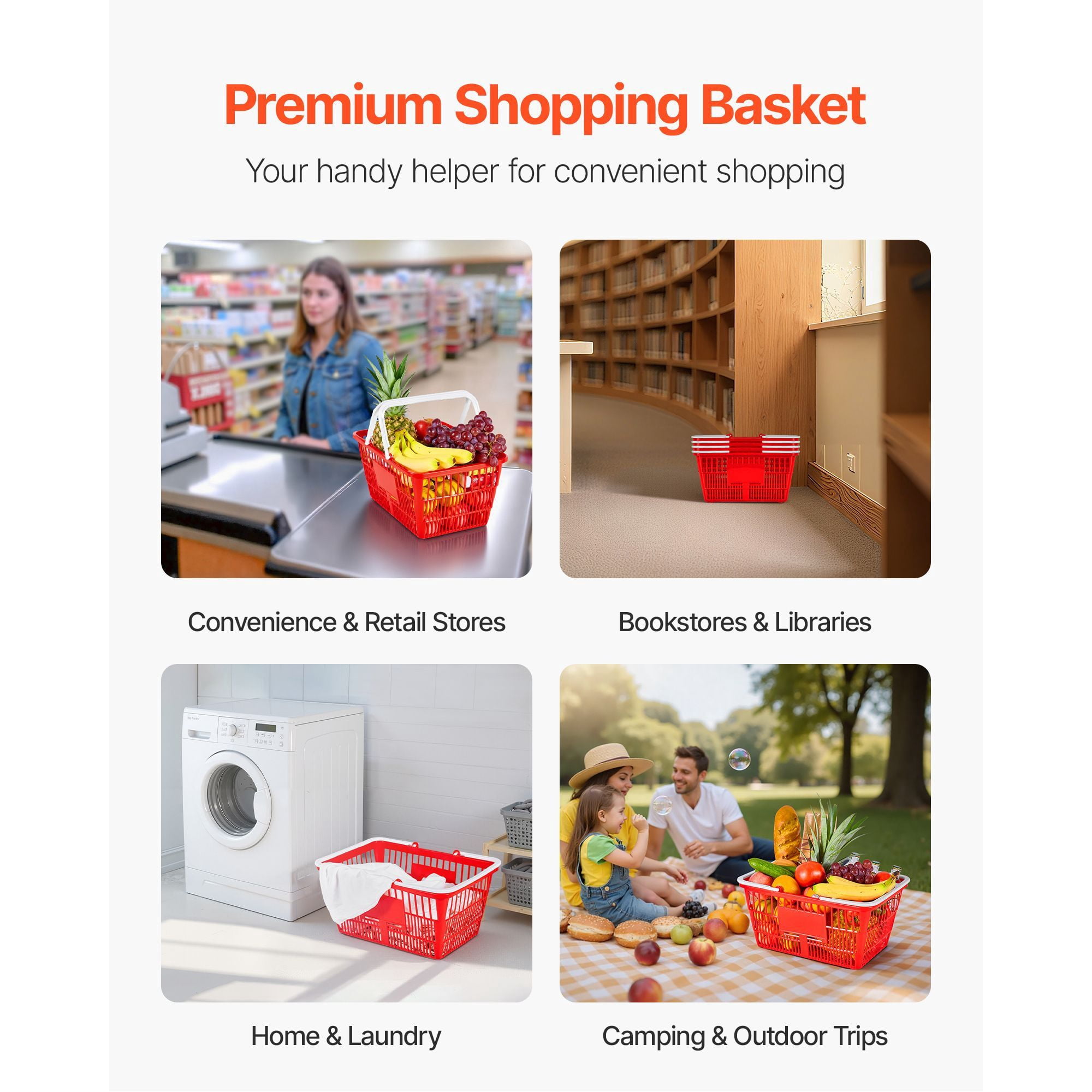 Shopping Baskets, 4 PCS, 21L Stackable PE Plastic, Ergonomic Handles, Dense Mesh Structure, Holds 20 lbs, for Grocery, Retail, Stores & Supermarket Use