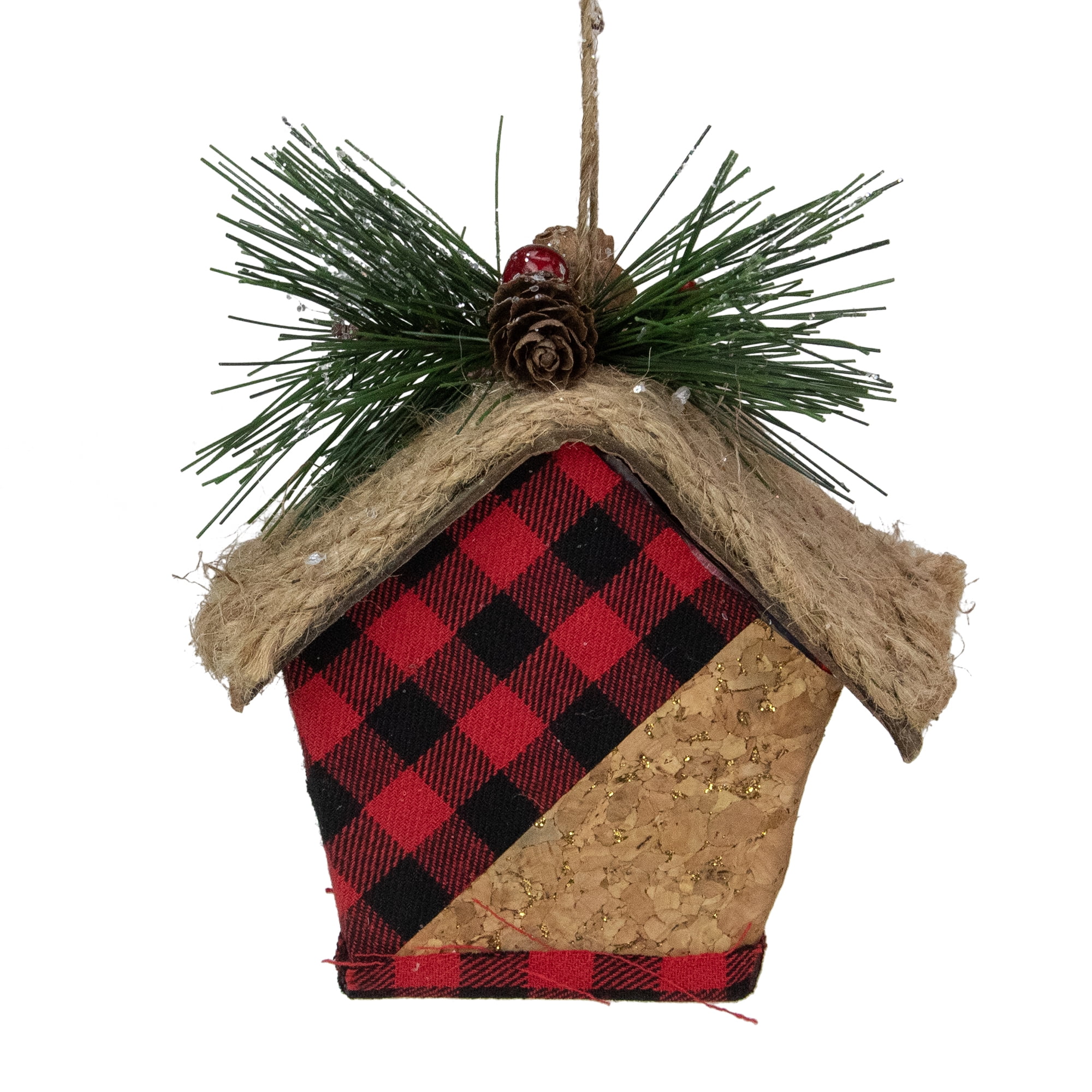 5.75" Red and Black Buffalo Plaid Hanging Bird Tree Christmas Ornament
