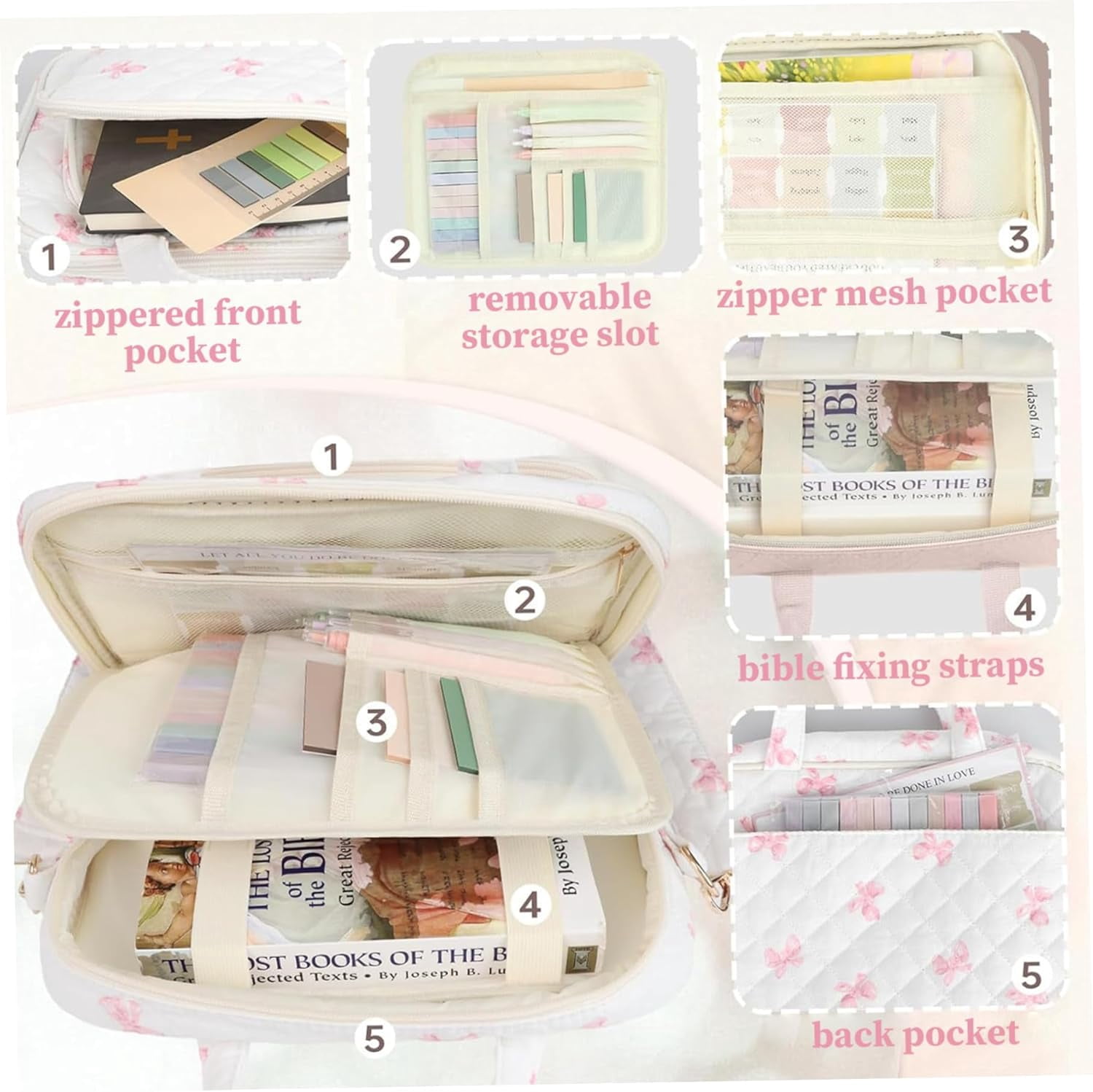 Quilted Floral Print Bible Bag - Bible Carrying Case with Highlighters & Tabs, Top Handle and Adjustable Strap for Women(1Pcs, B)