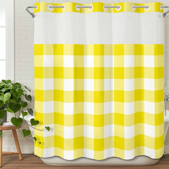 No Hook Shower Curtain with Snap in Liner Set Farmhouse Yellow Buffalo Plaid Bathroom Curtains with See Through Mesh Top Window,Modern Minimalist Checkered Waterproof Double Shower Curtain 72x78In