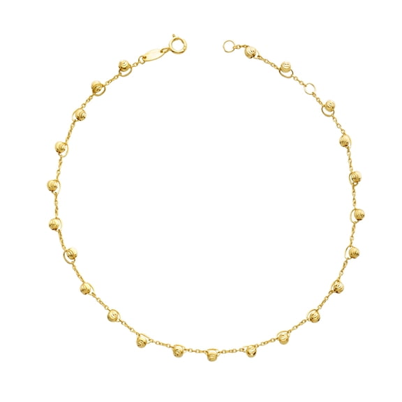 LoveBling 10k Yellow Gold 0.50mm Diamond Cut Rolo with Large Moon Cut Beads Anklet, Adjustable 9" - 10" (#105)