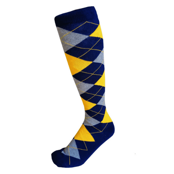 Men's Knee High Argyle/Plaid/Scottish Tartan Golf Sports Wedding Groomsman Party Events Christmas Father's Day Giftable Teamwork Casual Dress Socks In Navy with Gold Yellow and Heather Gray Color