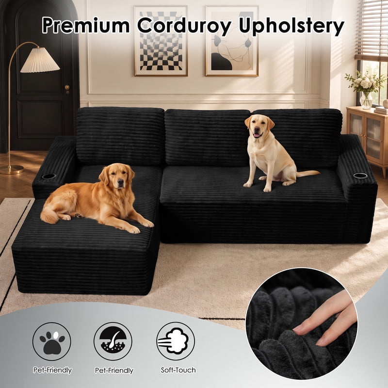 Anpport 104" Boneless Cloud Modular Sectional Couch, Corduroy Sofa with Cup Holders, Side Pockets, Deep Seat, No Assembly Required for Living Room, Black (L‑Shaped, Left Facing Chaise)
