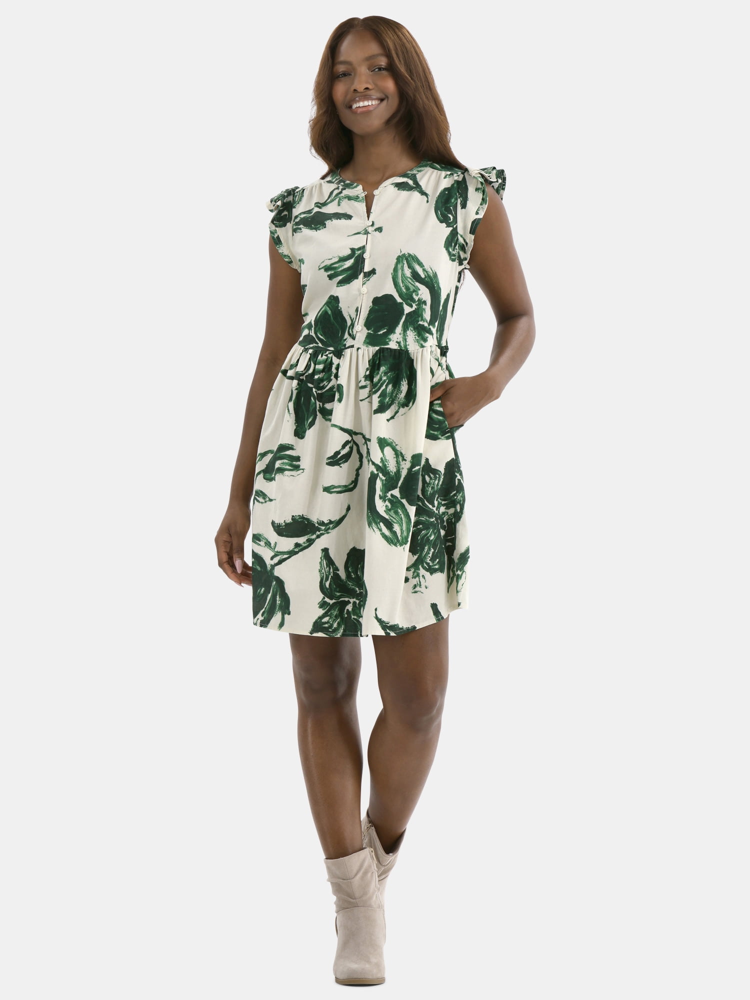 Time and Tru Women's Mini Dress with Flutter Sleeves, Sizes XS-XXXL