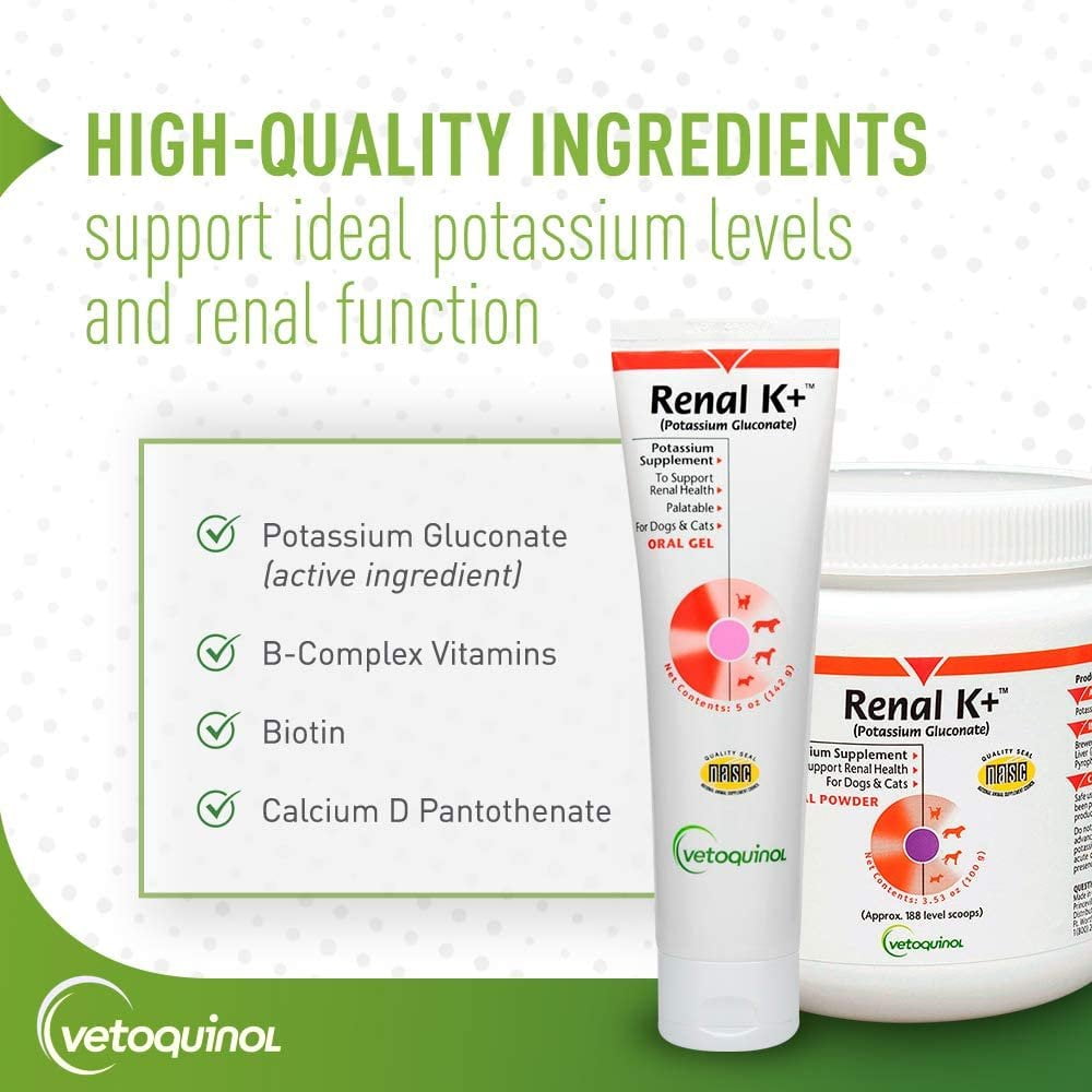 Vetoquinol Renal K+ (Potassium Gluconate) Potassium Supplement Gel for Dogs and Cats, 5oz