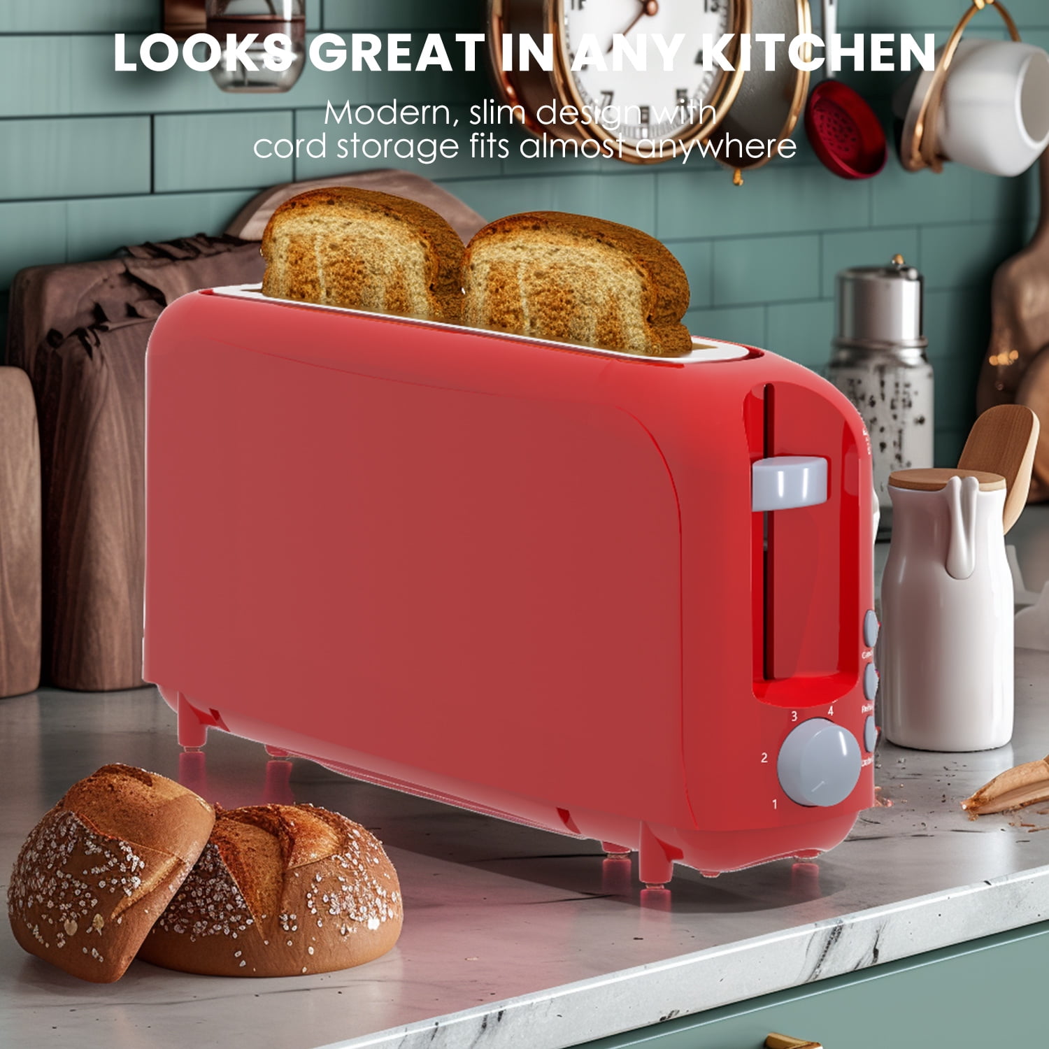 Slim 2-Slice Toaster, 10" Long Slot,6 Shade Settings with Cancel, Reheat & Defrost, Auto Shut off, Removable Crumb Tray，Red