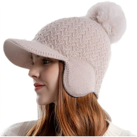 PIKADINGNIS Women Winter Beanie Knitted Hats Visor Warm Earflaps Hat Fleece Lined Cap with Pompom