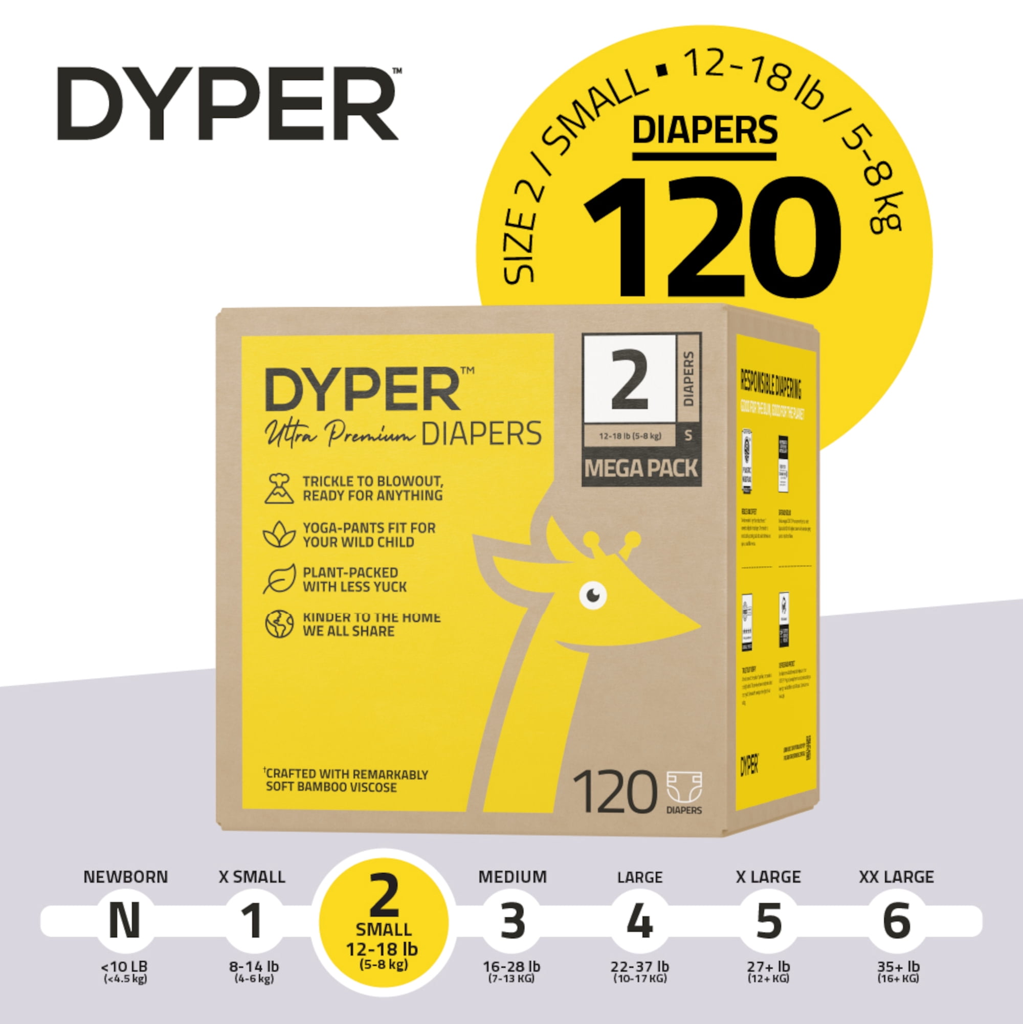DYPER Ultra Premium Diapers Size 2, 120 Diapers (Select For More Options)