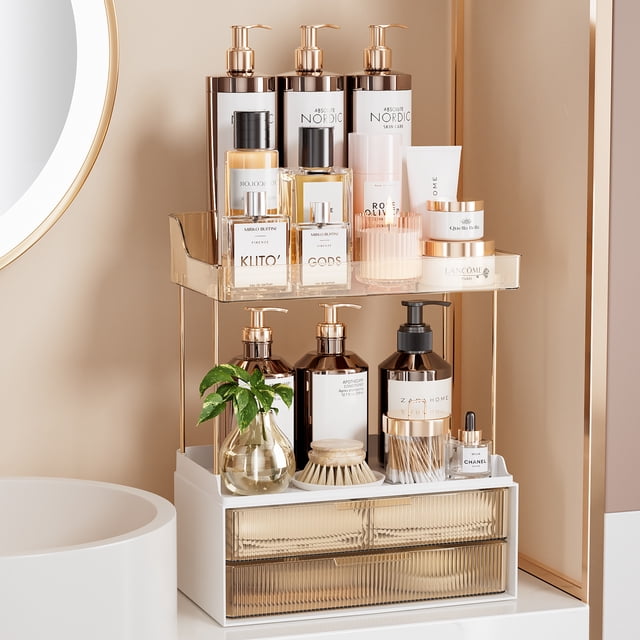 Delamu 2-Tier 2-Drawer Bathroom Organizer Countertop, Multi-Purpose Makeup Organizer Countertop, Large Skincare Organizers, Bedroom Vanity Organizer, Amber