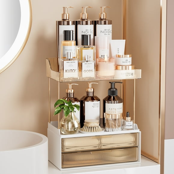 Delamu 2-Tier 2-Drawer Bathroom Organizer Countertop, Multi-Purpose Makeup Organizer Countertop, Large Skincare Organizers, Bedroom Vanity Organizer, Amber