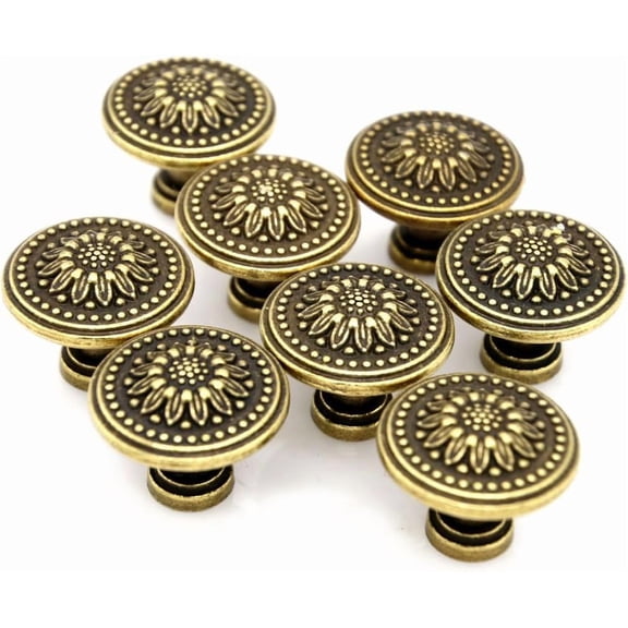 ABCISI 8 PCs Vintage Antique Brass Knobs Handles – Cabinet Knobs Pulls Handles with Distressed Antique Brass Finish - Diameter 1.2" (31 mm) & Height 1" (25 mm)