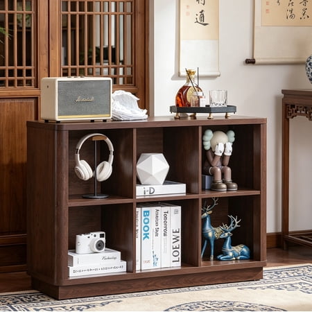 Joaxswe Horizontal 6-Cube Storage Book Shelf, 40.5" Wide Walnut 2-Tier Low Floor Standing Bookcase for Living Room, Bedroom, Office, Kids Room