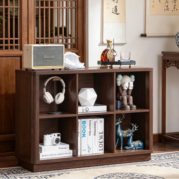 Joaxswe Horizontal 6-Cube Storage Book Shelf, 40.5" Wide Walnut 2-Tier Low Floor Standing Bookcase for Living Room, Bedroom, Office, Kids Room