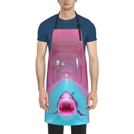 

Tebeau Pink Shark Pool Fantasy Print Waterproof Cooking Aprons Adjustable Bib Soft Chef Apron with 2 Pockets for Men Women